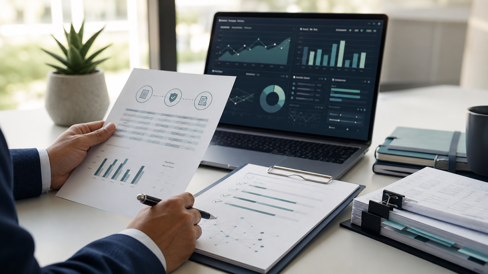 Professionals reviewing abstract healthcare claims validation reports.