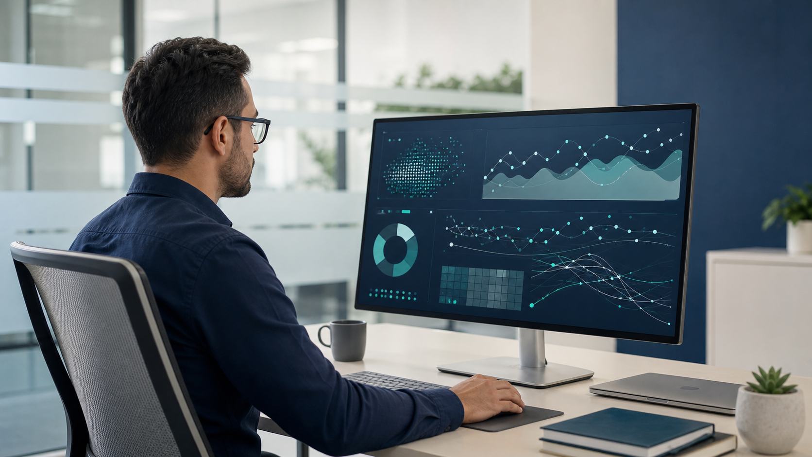 Healthcare analyst reviewing abstract claims analytics.