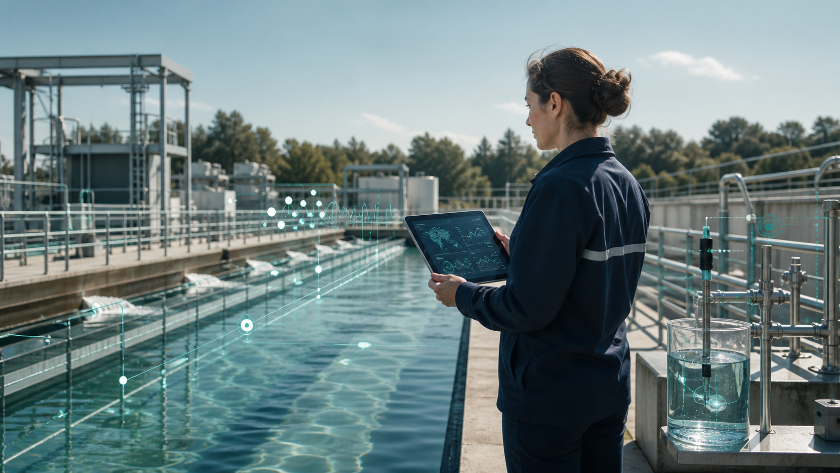 Water quality professional reviewing analytics beside treatment infrastructure.