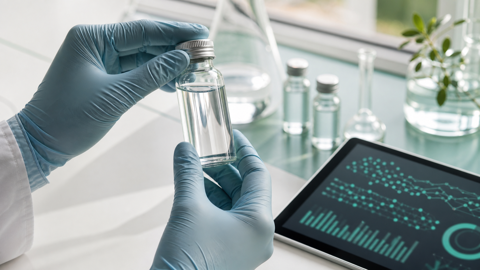 Water quality scientist reviewing lab analytics beside sample equipment.