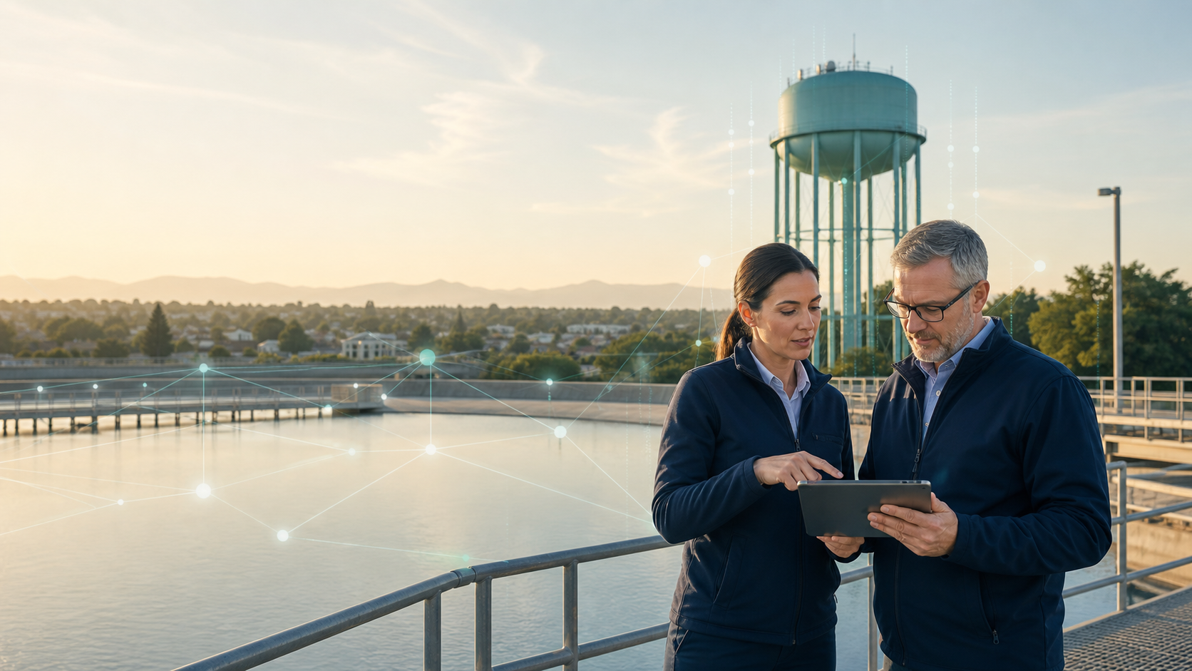 Water utility professionals reviewing community resilience analytics near infrastructure.