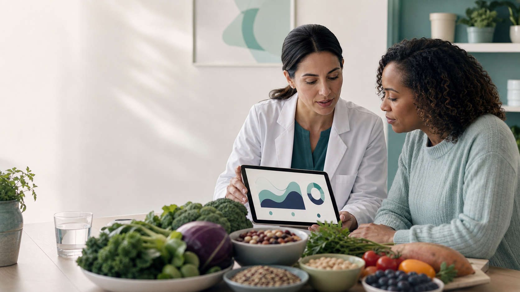 Clinician and patient reviewing nutrition analytics beside whole foods.