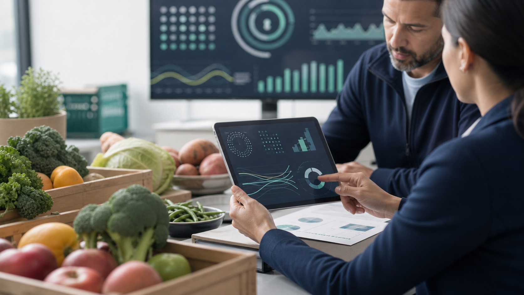 Public health planners reviewing food systems analytics beside fresh produce.
