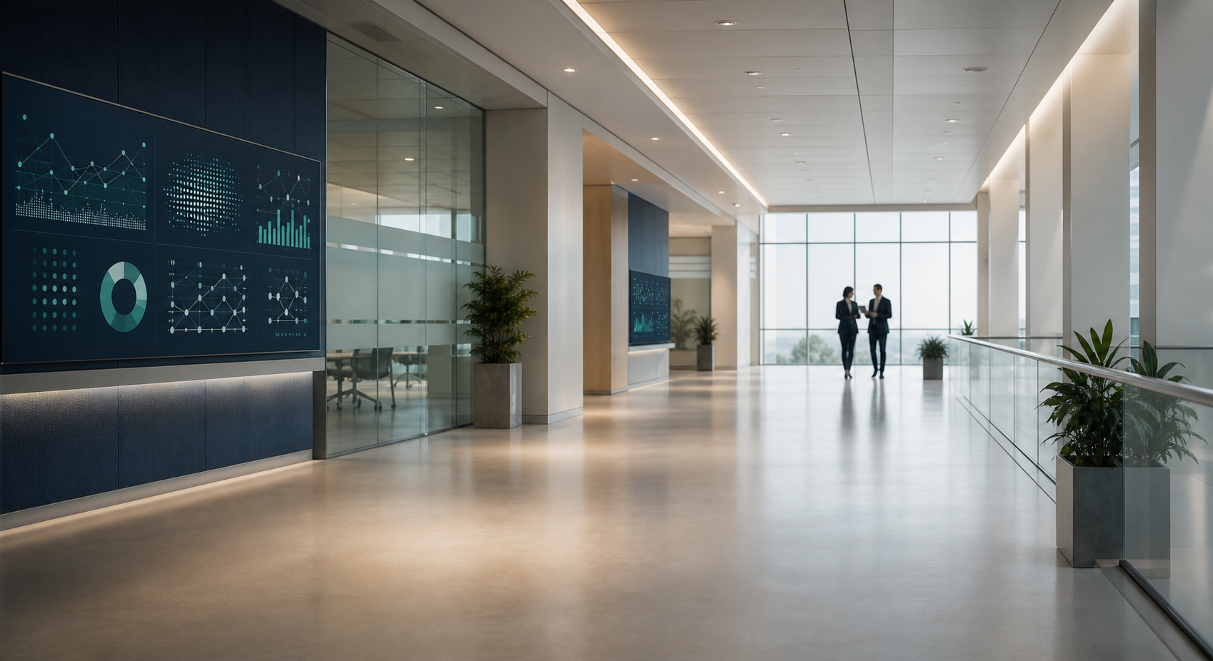 Open healthcare administration corridor with abstract analytics displays.